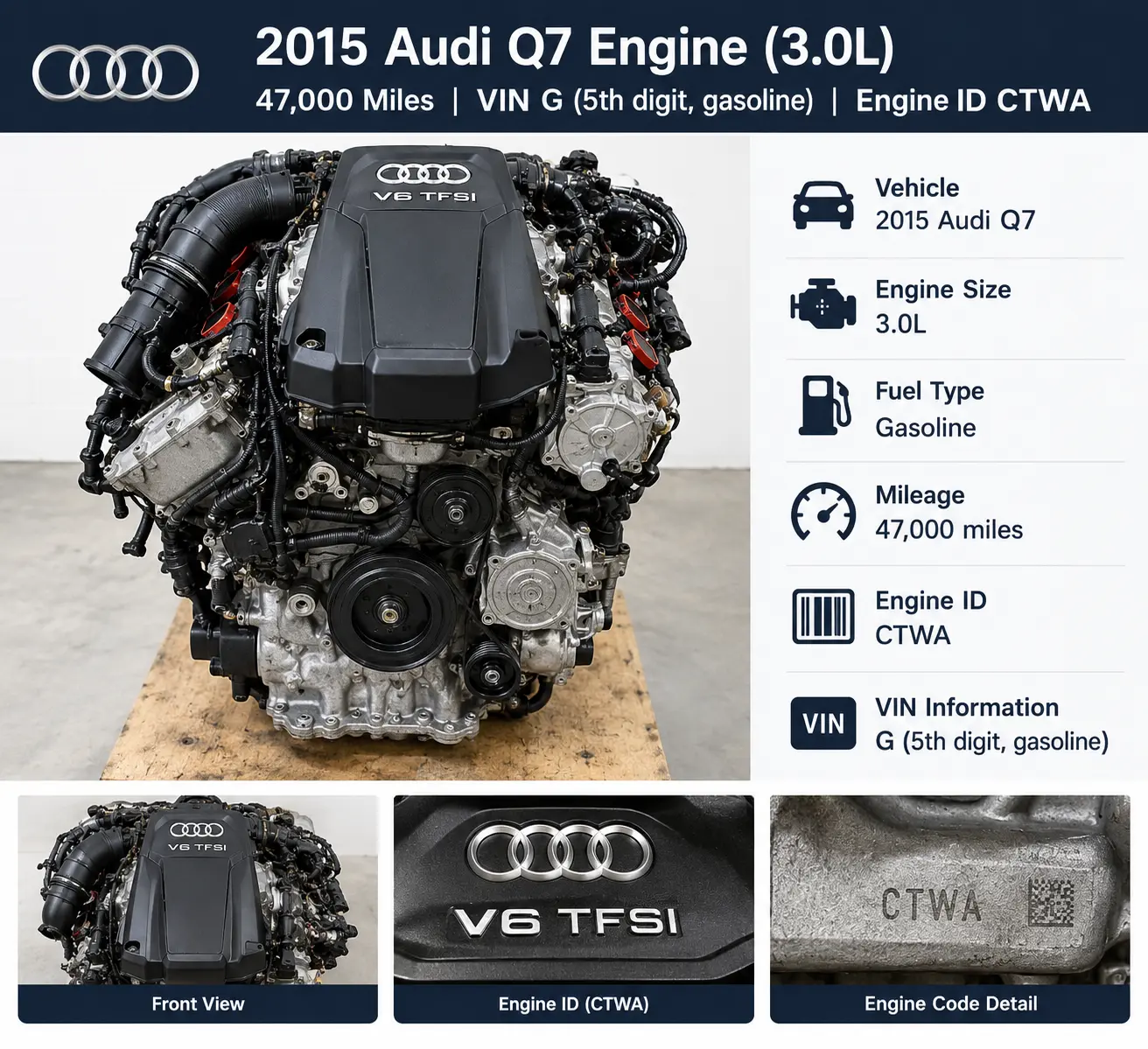 2015 Audi Q7 Engine (3.0L), 47,000 Miles VIN G (5th digit, gasoline), engine ID CTWA