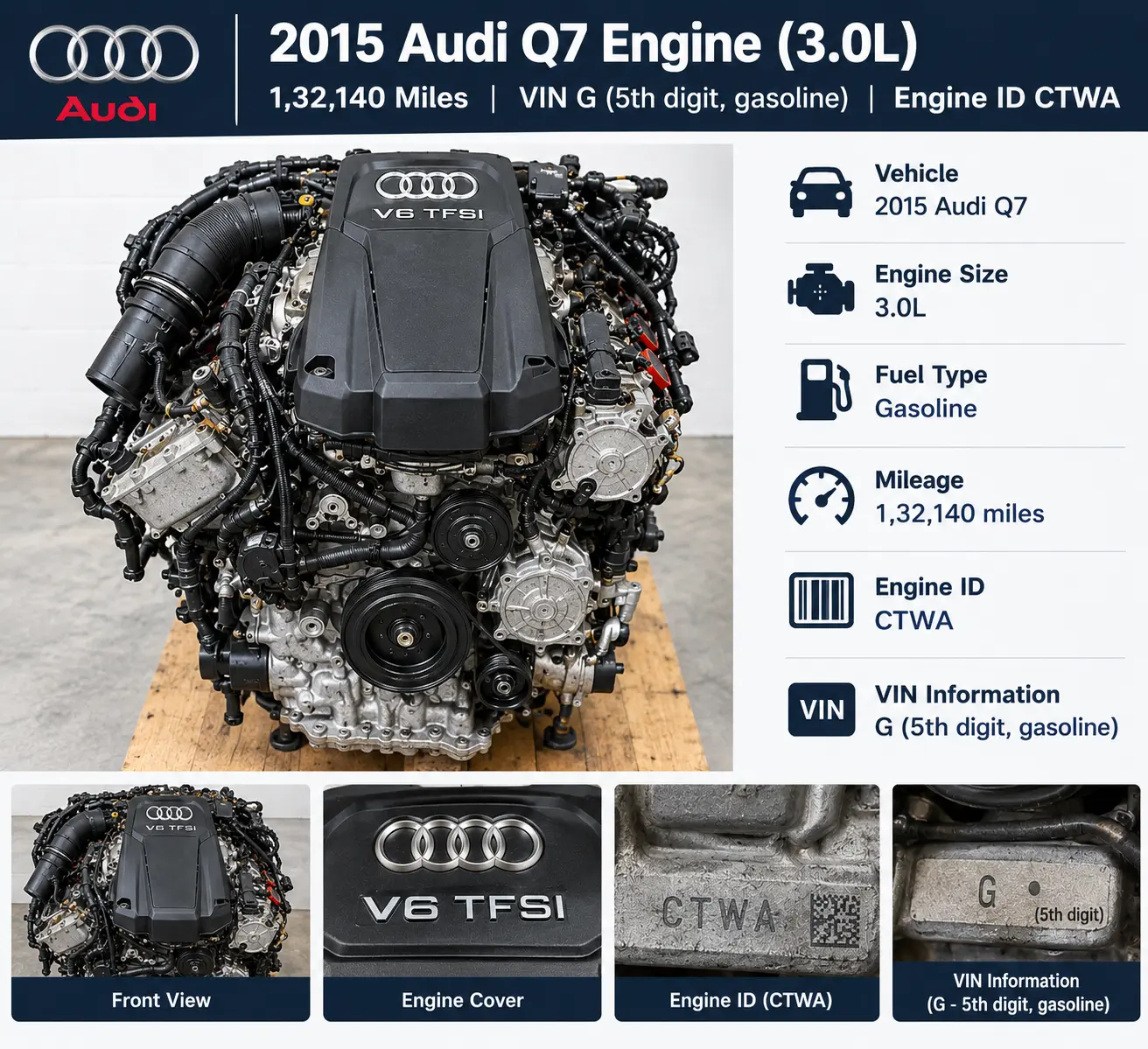 2015 Audi Q7 Engine (3.0L), 1,32,140 Miles Miles VIN G (5th digit, gasoline), engine ID CTWA