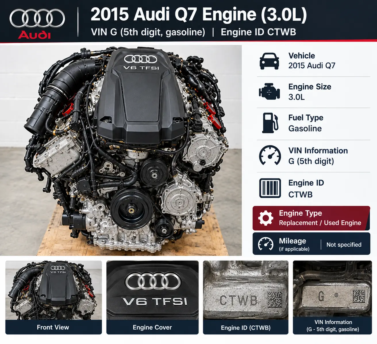 2015 Audi Q7 Engine (3.0L), 175,029 Miles VIN G (5th digit, gasoline), engine ID CTWB