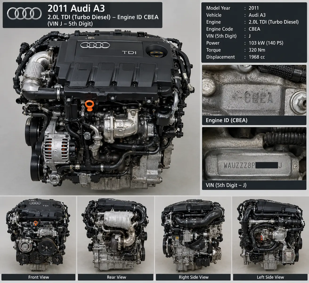 2011 Audi A3 Engine (2.0L), (turbo), 74,003 Miles VIN J (5th digit), (engine ID CBEA, diesel)