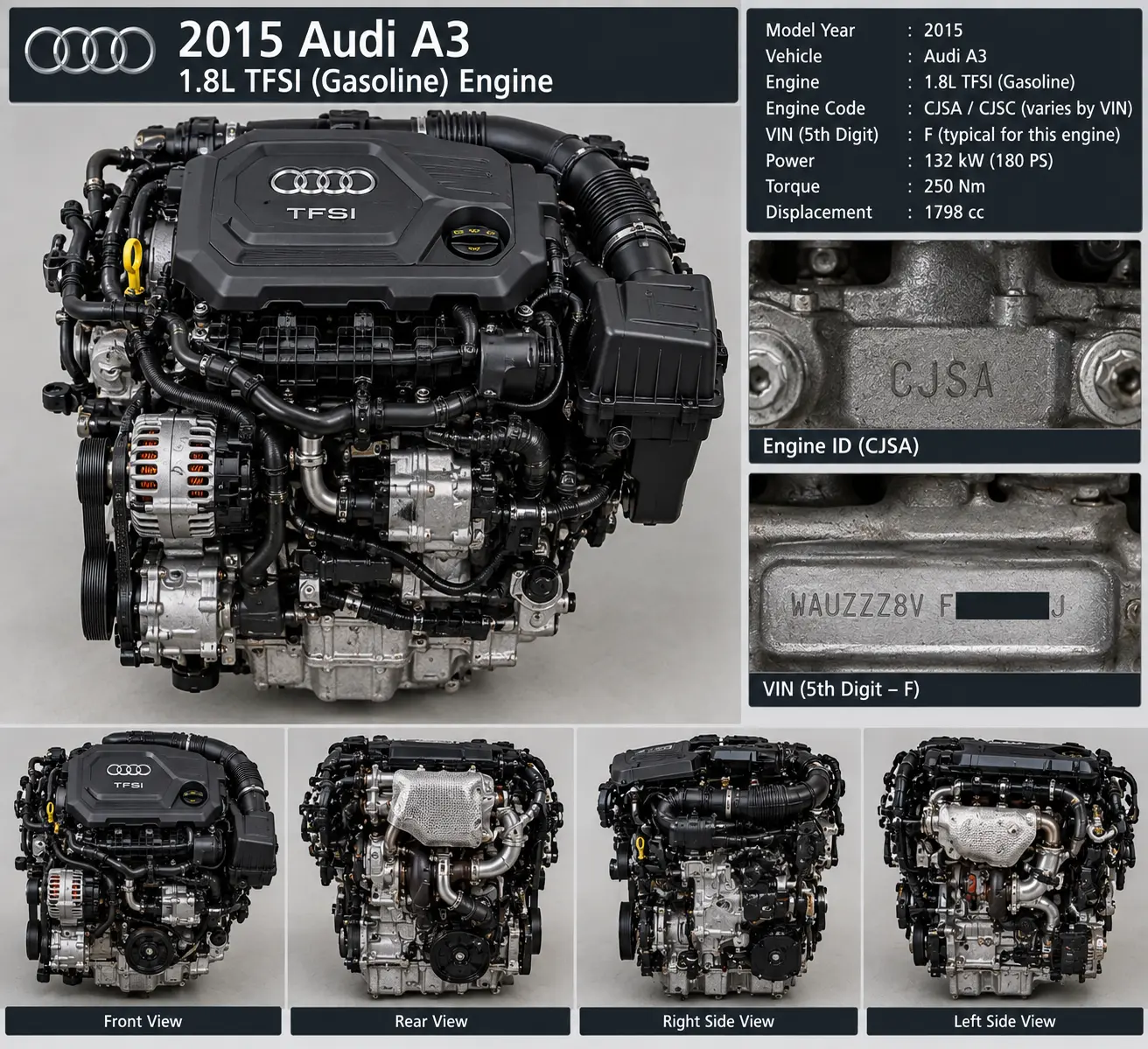 2015 Audi A3 Engine 2.0L, 144,388 Miles VIN J (5th digit), (engine ID CRUA, diesel)