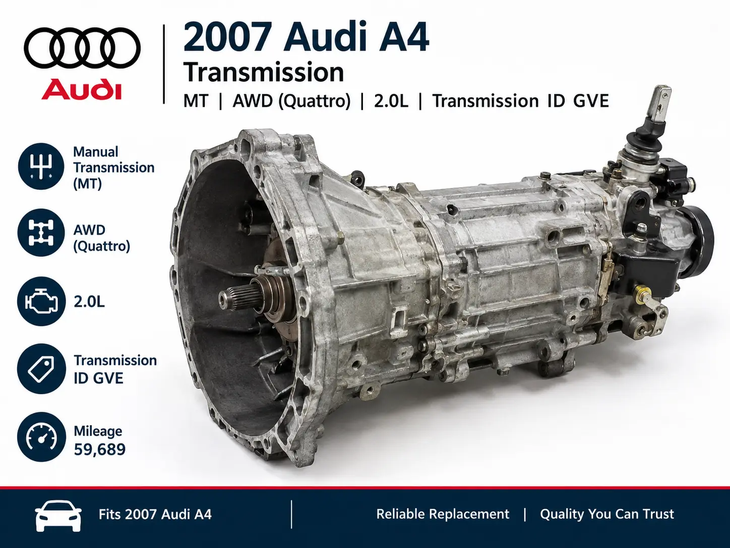 2007 Audi A4 Transmission MT, AWD (Quattro), 59,689 Milles 2.0L (transmission ID GVE)