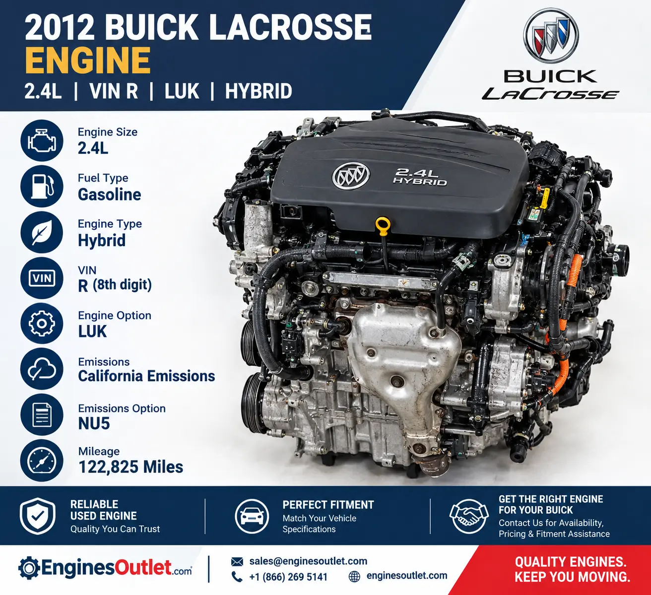 2012 Buick Lacrosse Engine 2.4L (VIN R, 8th digit, opt LUK, Hybrid), gasoline, California emissions, opt NU5 122,825 Miles