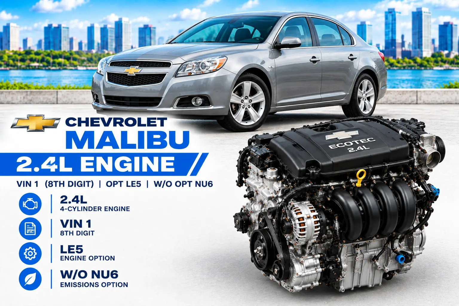 2012 Chevy Malibu Engine 2.4L VIN 1 (8th Digit, Opt LE5), w/o Opt NU6, 148K Miles