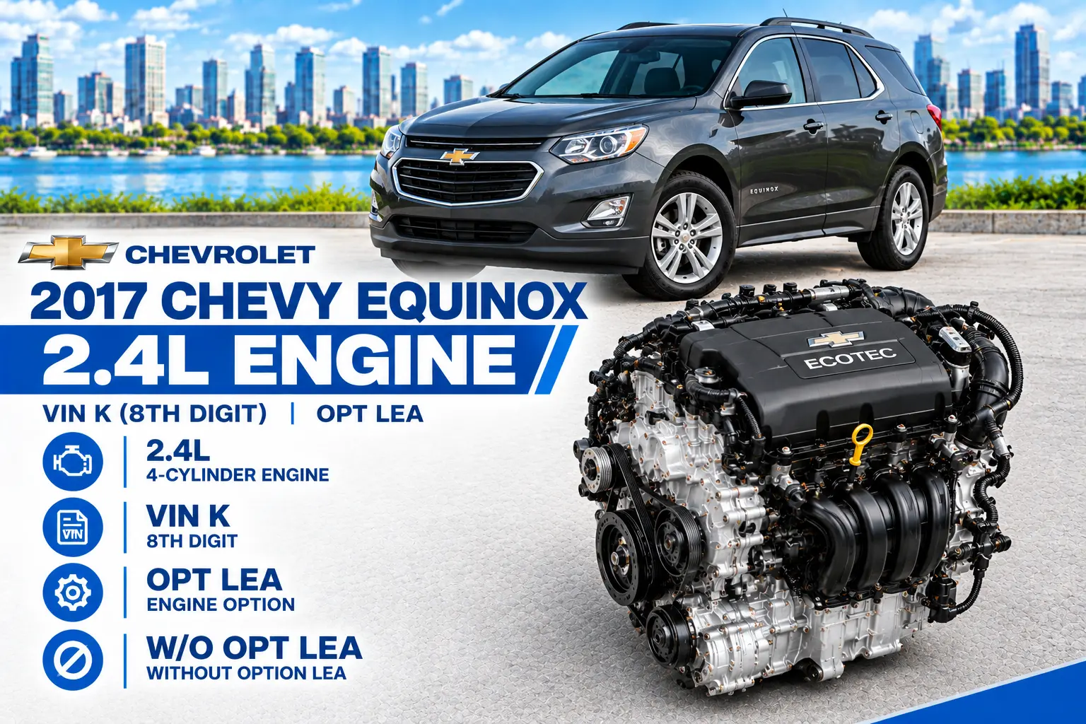 2017 Chevy Equinox Engine 2.4L (VIN K, 8th Digit, Opt LEA), 78K Miles